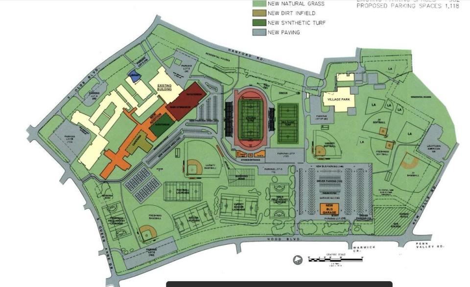 This graphic, which was presented to the Pennsbury School Board Thursday, shows how the district could turn the West Campus into a total high school and renovate the East Campus into a district school bus depot.