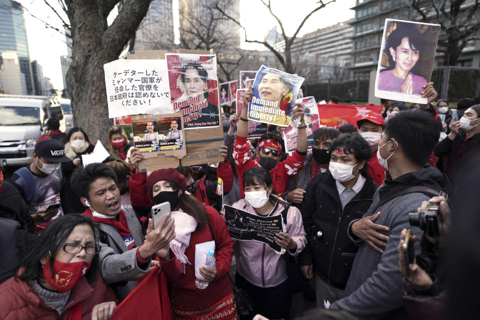 Burmese living in Japan and supporters chant during a protest in front of the Foreign Ministry in Tokyo Wednesday, Feb. 3, 2021. Myanmar's new leader said the military government installed after Monday's coup plans an investigation into alleged fraud in last year's elections and will also prioritize the COVID-19 outbreak and the economy, a state newspaper reported Wednesday. (AP Photo/Eugene Hoshiko)