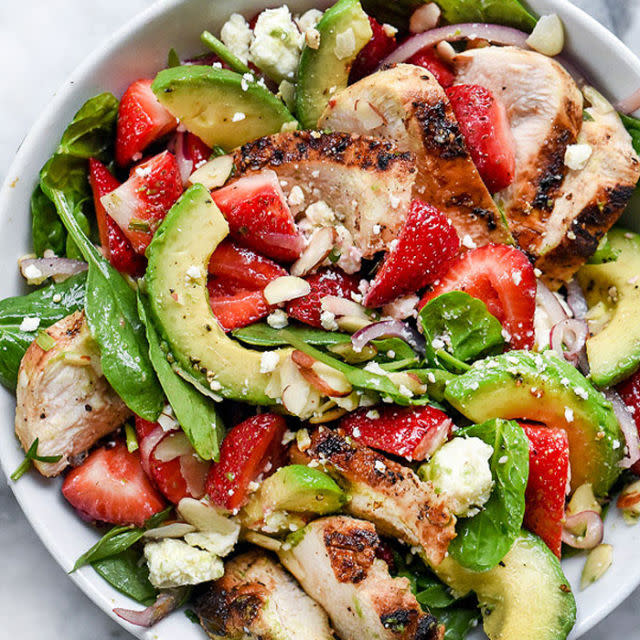 <p>This fresh and delicious salad is dressed in a balsamic dressing, which also serves as a <a rel="nofollow noopener" href="http://www.redbookmag.com/food-recipes/g3465/easy-chicken-recipes-and-marinades/" target="_blank" data-ylk="slk:marinade for the chicken;elm:context_link;itc:0;sec:content-canvas" class="link ">marinade for the chicken</a>.</p><p><strong>Get the recipe at <a rel="nofollow noopener" href="http://www.foodiecrush.com/strawberry-and-avocado-spinach-salad-with-chicken/#" target="_blank" data-ylk="slk:Foodie Crush;elm:context_link;itc:0;sec:content-canvas" class="link ">Foodie Crush</a>.</strong><br></p>