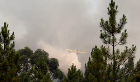 Firefighting plane dumps water on a forest fire next to the village of Vila de Rei