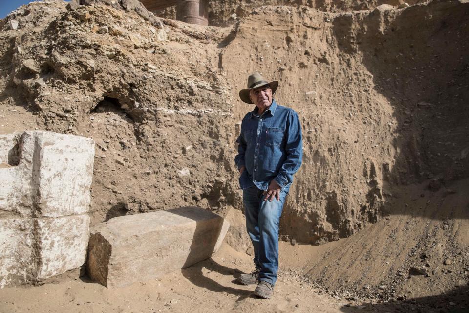 Egyptologist Dr. Zahi Hawass poses during an event announcing the discovery by the archaeological mission he leads of a new trove of treasures at Egypt's Saqqara necropolis, south of Cairo, on January 17, 2021. / Credit: KHALED DESOUKI/AFP/Getty