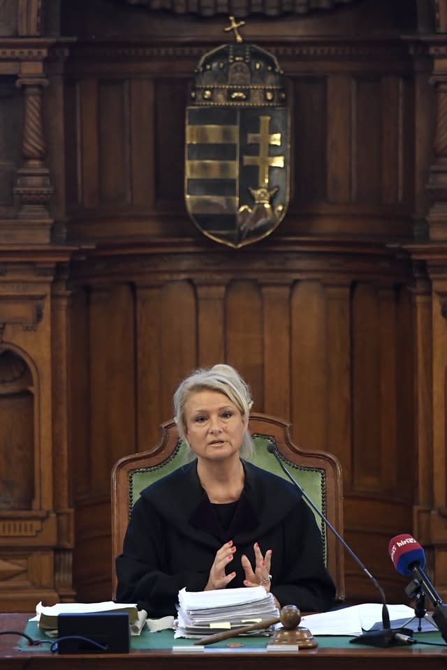 Judge Judit Leona Nemeth leads the preliminary hearing of the captain of the Viking Sigyn river cruiser in the Hableany case in Pest Central District Court in Budapest, Hungary