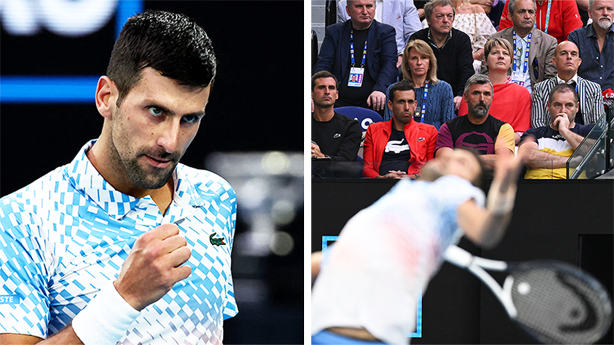 Novak Djokovic (pictured left) celebrating a point and (pictured right) Djokovic serving in the Australian Open.