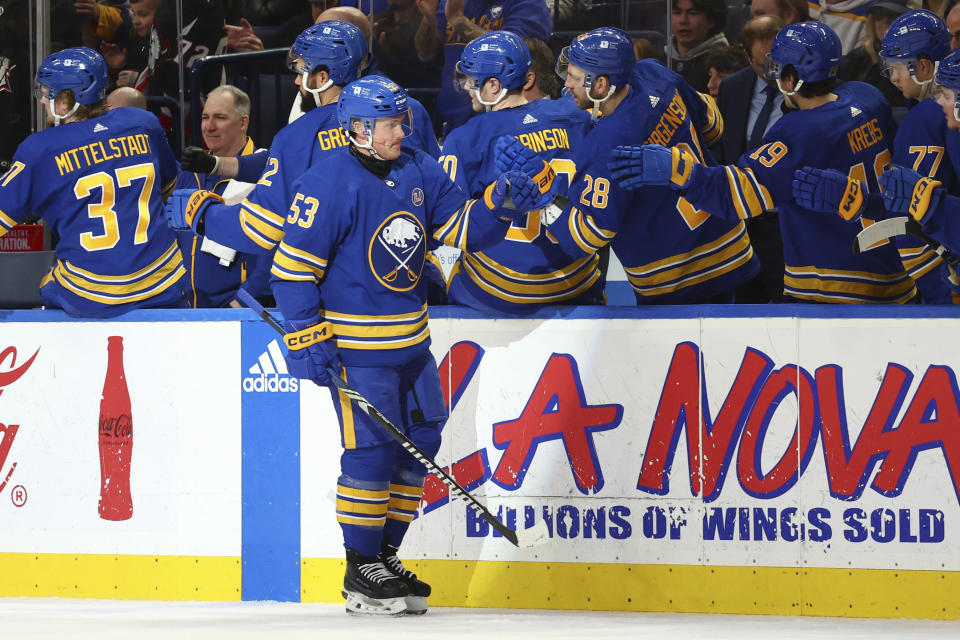 Buffalo Sabres left wing Jeff Skinner (53) celebrates after his goal during the second period of an NHL hockey game against the Carolina Hurricanes, Sunday, Feb. 25, 2024, in Buffalo, N.Y. (AP Photo/Jeffrey T. Barnes)