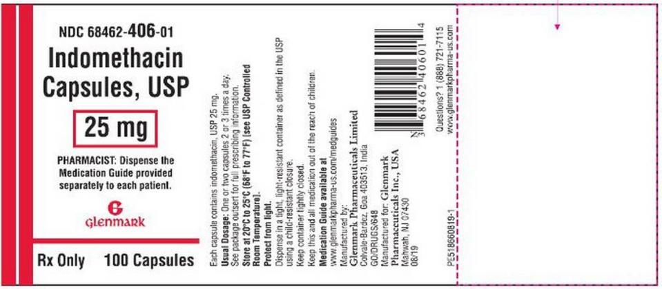 The label for 100-count bottles of 25 mg strength Indomethacin capsules.