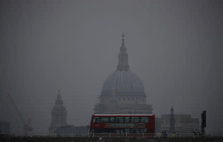 The City of London is partly obscured by morning fog, in London, Britain, October 19, 2017. Picture taken October 19, 2017. REUTERS/Hannah McKay