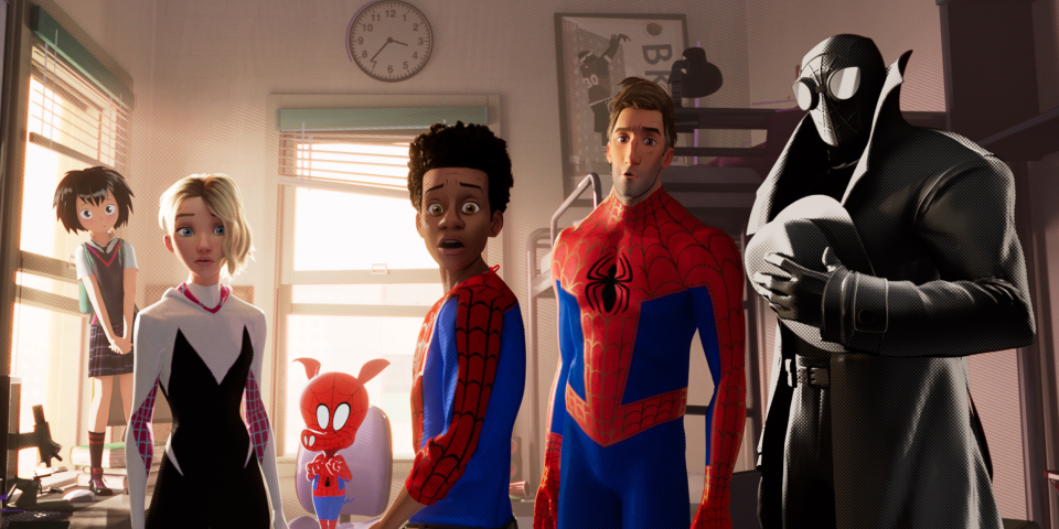 Peni Parker, Gwen Stacy, Peter Porker, Miles Morales, Peter B. Parker, and Spider-Man Noir in Spider-Man: Into the Spider-Verse, the heroes who go up against Kingpin. (Sony Pictures)