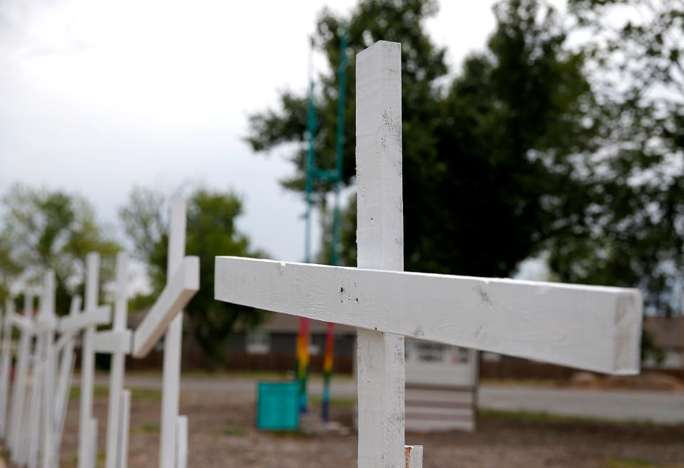 Crosses, meant as memorials for those executed by the state of Oklahoma, are pictured Wednesday at the Clark United Methodist Church in Oklahoma City.