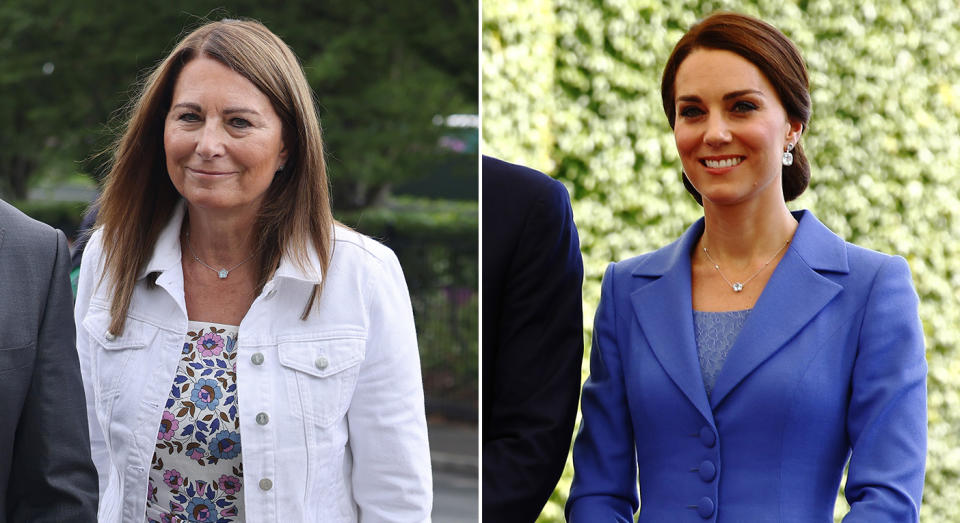 Both Carole Middleton and Kate Middleton have worn the blue topaz necklaces on public appearances. (Getty Images)