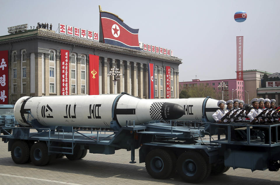 A submarine missile is paraded across Kim Il Sung Square during a military parade in Pyongyang, North Korea. (AP)