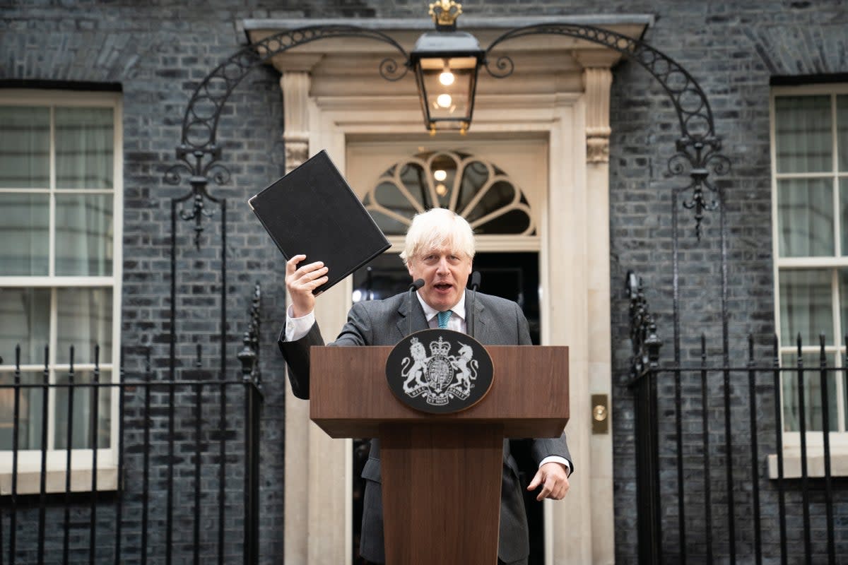 Former prime minister Boris Johnson gives his final speech outside 10 Downing Street (Stefan Rousseau/PA) (PA Wire)