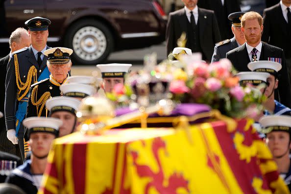 LONDON, ENGLAND - SEPTEMBER 19: The coffin of Queen Elizabeth II with the Imperial State Crown resting on top, borne on the State Gun Carriage of the Royal Navy departs Westminster Abbey on September 19, 2022 in London, England. Elizabeth Alexandra Mary Windsor was born in Bruton Street, Mayfair, London on 21 April 1926. She married Prince Philip in 1947 and ascended the throne of the United Kingdom and Commonwealth on 6 February 1952 after the death of her Father, King George VI. Queen Elizabeth II died at Balmoral Castle in Scotland on September 8, 2022, and is succeeded by her eldest son, King Charles III.  (Photo by Christopher Furlong/Getty Images)