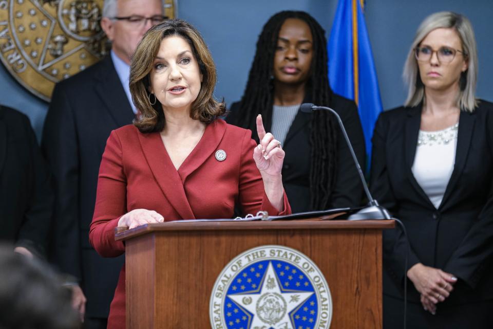 State schools Superintendent Joy Hofmeister speaks Tuesday, June 21, 2022, at a news conference detailing the findings of an investigative report about Epic Charter Schools at the Oklahoma State Department of Education building in Oklahoma City.