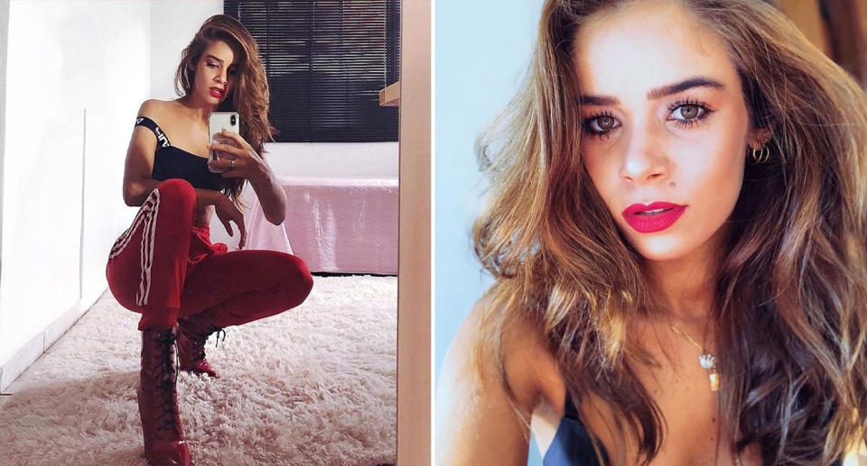 Taynnara Melo, a model from Brazil, died when the ute she was driving rolled over. She is pictured in a mirror selfie and another photo.