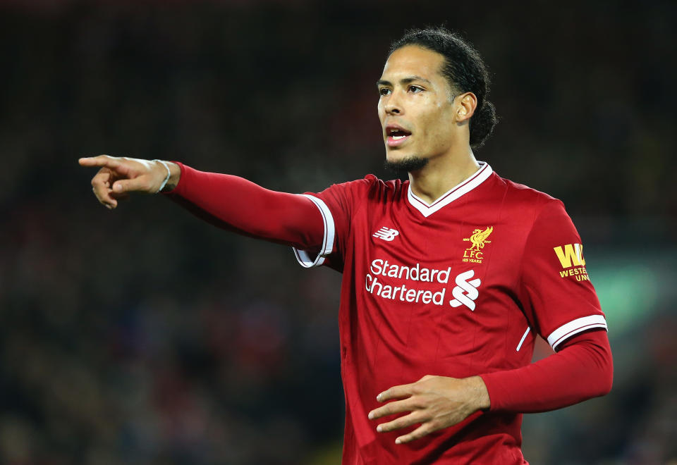 Virgil van Dijk during The Emirates FA Cup Fourth Round match between Liverpool and West Bromwich Albion at Anfield on January 27, 2018 in Liverpool, England.