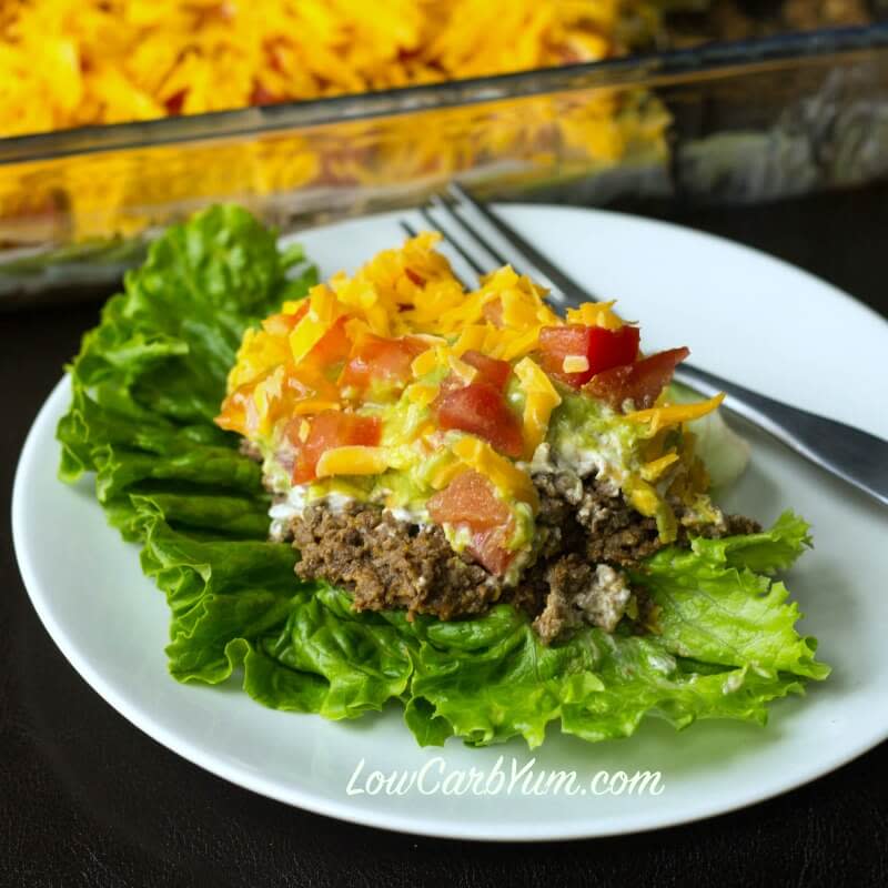 <p>Low Carb Yum</p><p>Although this is traditionally a dip recipe, you can simply serve it on a bed of lettuce. Or, use low-carb tortilla chips for dipping. </p><p><strong>Get the recipe: <a href="https://lowcarbyum.com/layered-taco-salad-dip-with-ground-beef/" rel="nofollow noopener" target="_blank" data-ylk="slk:Layered Taco Salad Dip;elm:context_link;itc:0;sec:content-canvas" class="link rapid-noclick-resp">Layered Taco Salad Dip</a></strong></p>