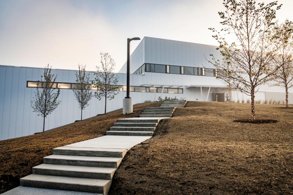 Steps leading to the new Beta Technologies manufacturing facility at Patrick Leahy Burlington International Airport in South Burlington. A hiring day event will be held at the facility on April 14.