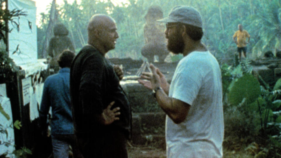 Marlon Brando and Francis Ford Coppola on the set of <em>Apocalypse Now</em>.