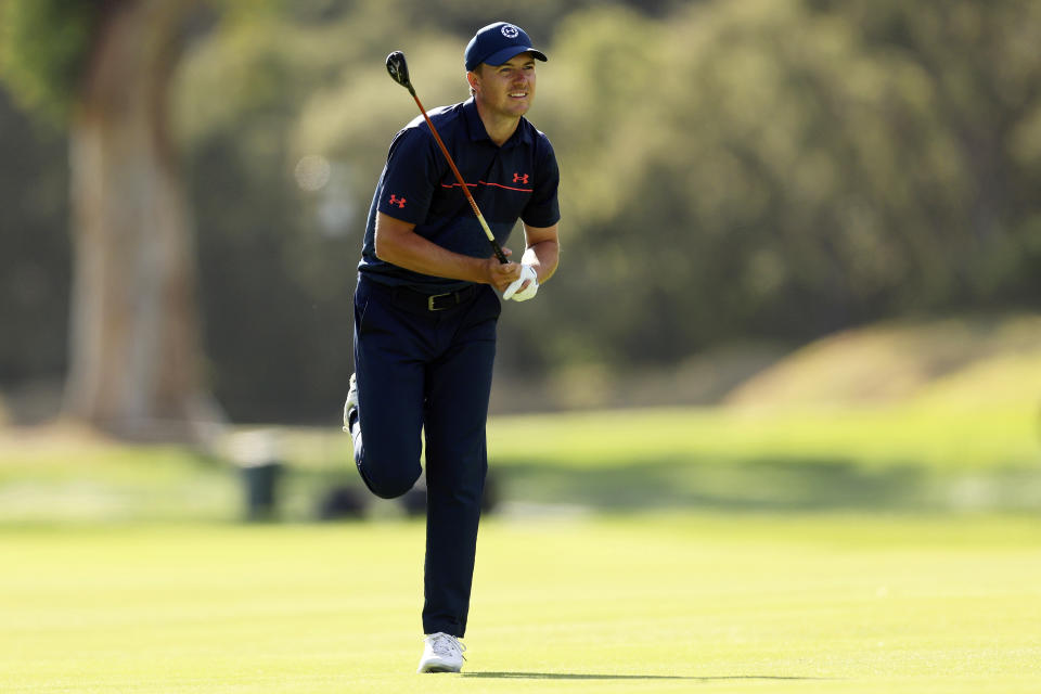 Jordan Spieth watches his second shot on the 17th hole during the third round of the Genesis Invitational golf tournament at Riviera Country Club, Saturday, Feb. 19, 2022, in the Pacific Palisades area of Los Angeles. (AP Photo/Ryan Kang)