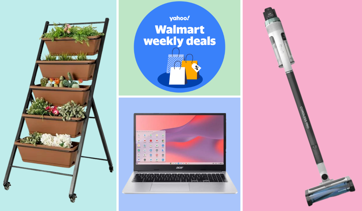 A vertical set of planter boxes, a laptop, and a stick vacuum alongside a badge with the Yahoo logo that reads: Walmart weekly deals.