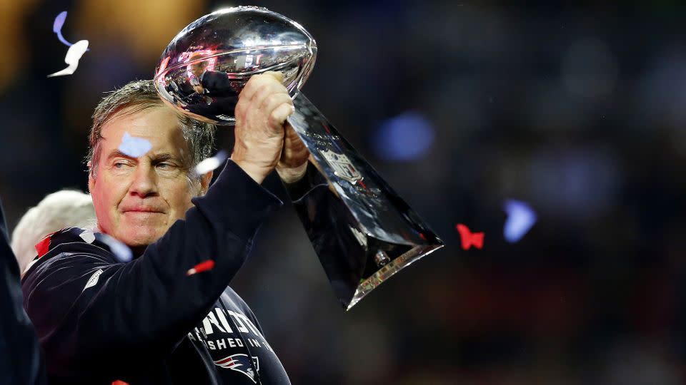 Belichick holds the Vince Lombardi Trophy after defeating the Seattle Seahawks 28-24 during Super Bowl XLIX. - Tom Pennington/Getty Images