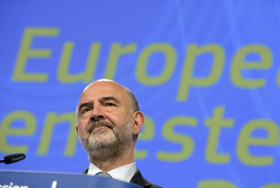 European Commissioner for Economic and Financial Affairs Pierre Moscovici speaks during a media conference at EU headquarters in Brussels, Wednesday, June 5, 2019. European Commissioners met in Brussels on Wednesday for their routine weekly college session, with talks focusing on EU economic forecasts and notably Italy's failure to control its debt. (AP Photo/Virginia Mayo)