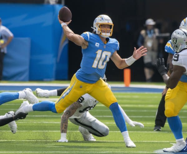 Los Angeles Chargers star Justin Herbert could be the top fantasy football quarterback through the first half of the 2023 campaign. File Photo by Mike Goulding/UPI