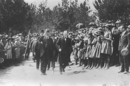 Winston Churchill walks alongside British high commissioner for Palestine Herbert Samuel during a visit to Jerusalem in this March 29, 1921 file photo released by the Israeli Government Press Office (GPO) and obtained by Reuters on June 14, 2018. REUTERS/GPO/Handout