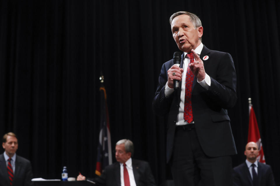 Former U.S. Rep. Dennis Kucinich of Ohio speaks during the Ohio Democratic Party's fifth debate in the primary race for governor, Tuesday, April 10, 2018, at Miami (Ohio) University's Middletown campus in Middletown, Ohio. (AP Photo/John Minchillo, Pool)