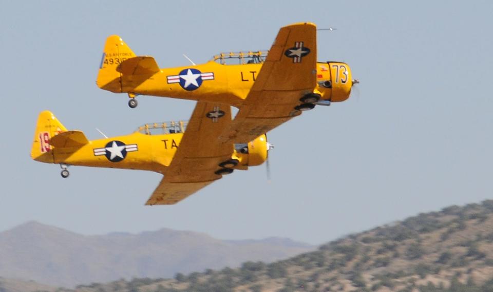 Twin AT-6s on the course at the final Reno National Championship Air Races in 2023.