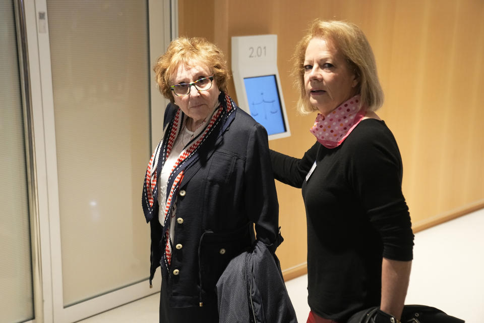 Daniele Lamy, left, head of the "AF447 Help and Solidarity" association, arrives at the courtroom, Monday, April 17, 2023 in Paris. A French court is ruling on whether Airbus and Air France are guilty of manslaughter over the 2009 crash of Flight 447 en route from Rio to Paris, which killed 228 people and led to lasting changes in aircraft safety measures. (AP Photo/Michel Euler)