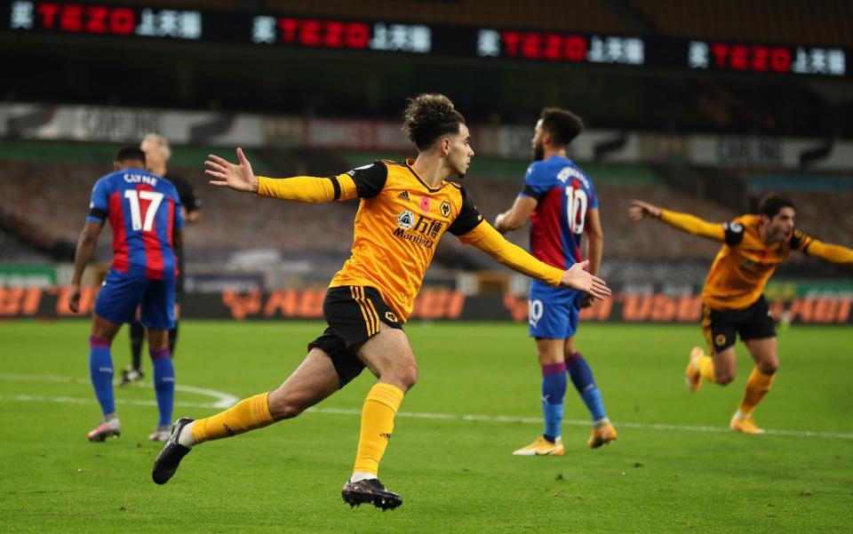 Rayan Ait-Nouri of Wolverhampton Wanderers celebrates after scoring a goal to make it 1-0 during the Premier League match between Wolverhampton Wanderers and Crystal Palace at Molineux on October 30, 2020 in Wolverhampton, United Kingdom. - GETTY IMAGES