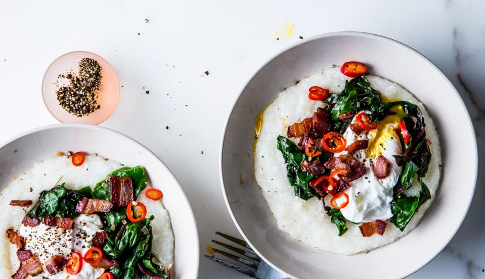 Cheesy Grits with Poached Eggs, Greens, and Bacon