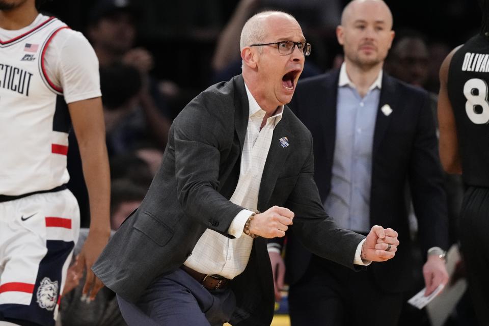 UConn head coach Dan Hurley reacts after his team scored during the first half of an NCAA college basketball game against Xavier in the quarterfinal round of the Big East Conference tournament, Thursday, March 14, 2024, in New York. (AP Photo/Frank Franklin II)