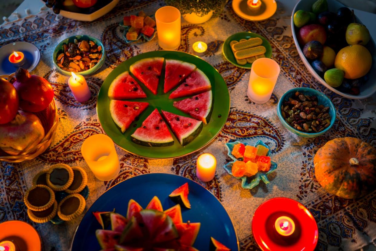 <span class="caption">A table set for the celebration of the Persian festival of Yalda.</span> <span class="attribution"><a class="link " href="https://www.gettyimages.com/detail/photo/yalda-night-royalty-free-image/857441278?adppopup=true" rel="nofollow noopener" target="_blank" data-ylk="slk:Jasmin Merdan/Moment via Getty images.;elm:context_link;itc:0;sec:content-canvas"> Jasmin Merdan/Moment via Getty images.</a></span>