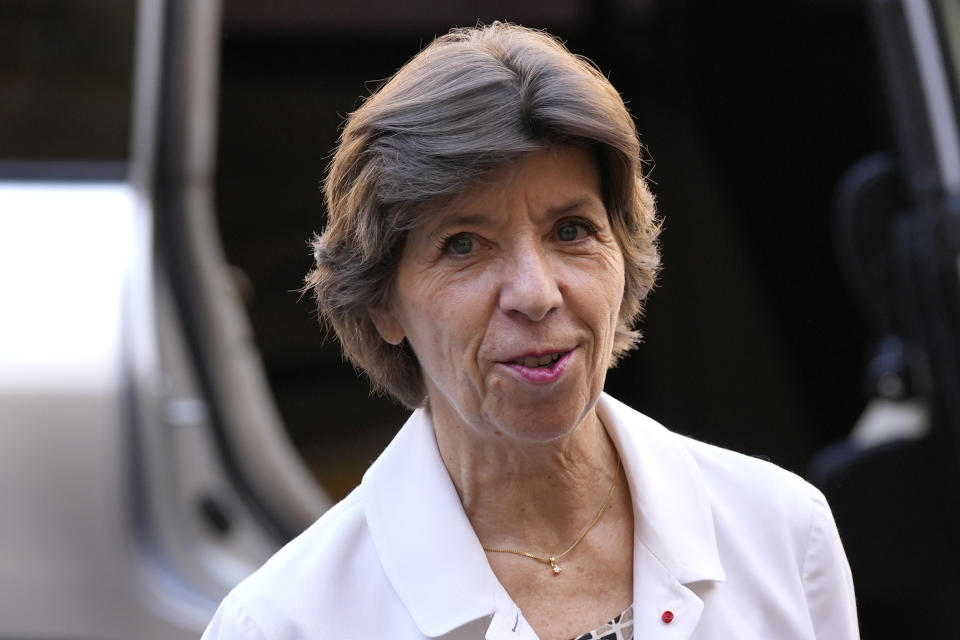 French Foreign Minister Catherine Colonna arrives at the government palace to meet with Lebanese Prime Minister Najib Mikati in Beirut, Lebanon, Friday, Oct. 14, 2022. Colonna is in Beirut to meet with Lebanese officials. (AP Photo/Hussein Malla)