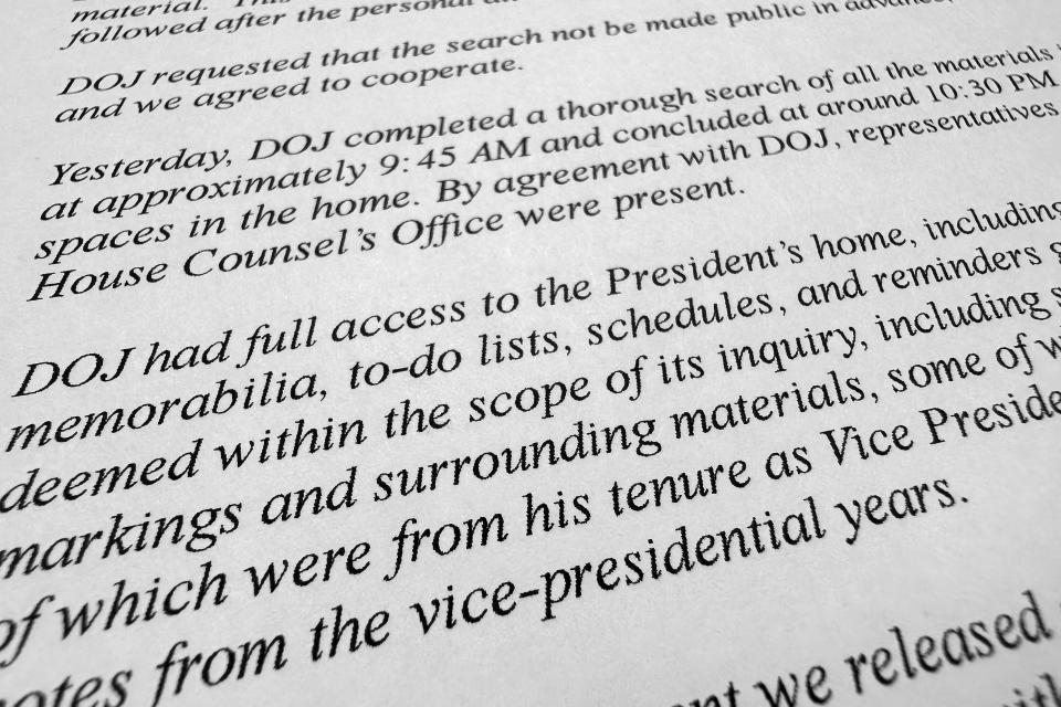 FILE - The statement by President Joe Biden's personal attorney Bob Bauer is photographed on Saturday, Jan. 21, 2023. A new poll shows that more U.S. adults disapprove than approve of the way President Joe Biden has handled the discovery of classified documents at his home and former office. Yet that seems to have had little impact on Biden's overall approval rating.(AP Photo/Jon Elswick, File)