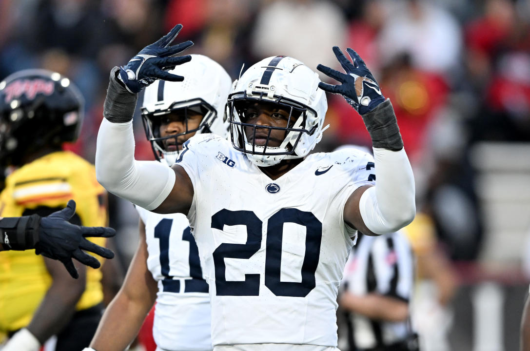 COLLEGE PARK, MARYLAND - NOVEMBER 04: Adisa Isaac #20 of the Penn State Nittany Lions celebrates a defensive stop in the third quarter at SECU Stadium on November 04, 2023 in College Park, Maryland. (Photo by G Fiume/Getty Images)