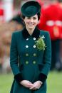 For St Patrick’s Day, Kate sported a $3,300 bespoke green coat by Catherine Walker. She teamed the design with $725 suede shoes by Emmy London.