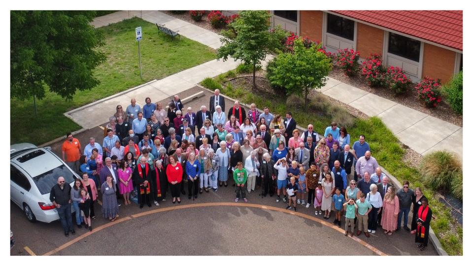 Amarillo United Methodist Church members gather for a drone photo on Charter Sunday, June 4 at St. Luke Presbyterian Church.