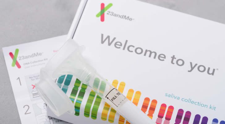 A close-up shot of the saliva collection kit from 23andMe.