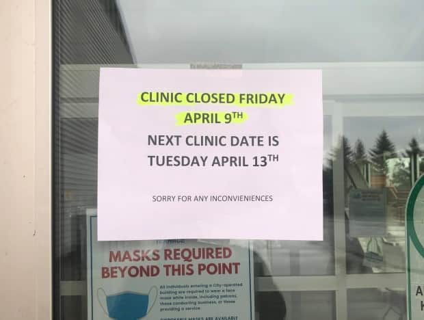 A sign posted on the Terrace Sportsplex vaccine clinic Friday.