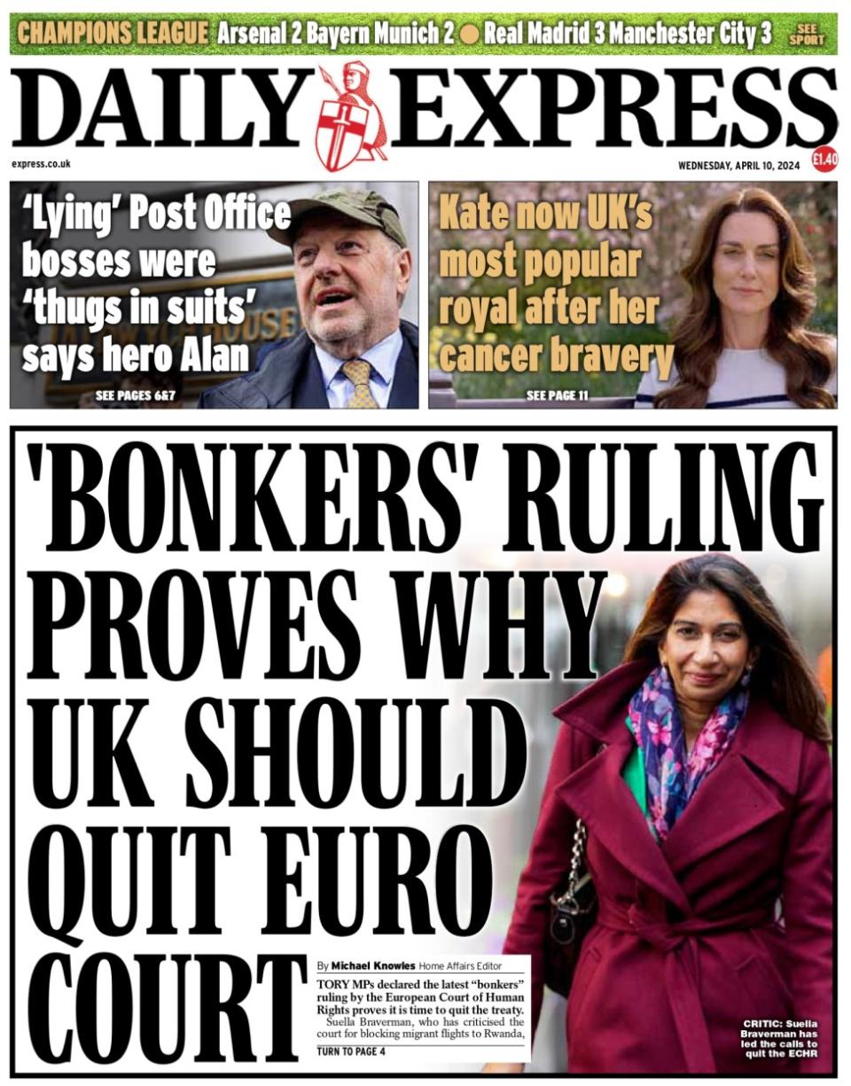 The headline in the Daily Express reads: 'Bonkers' ruling proves why UK should quit Euro court