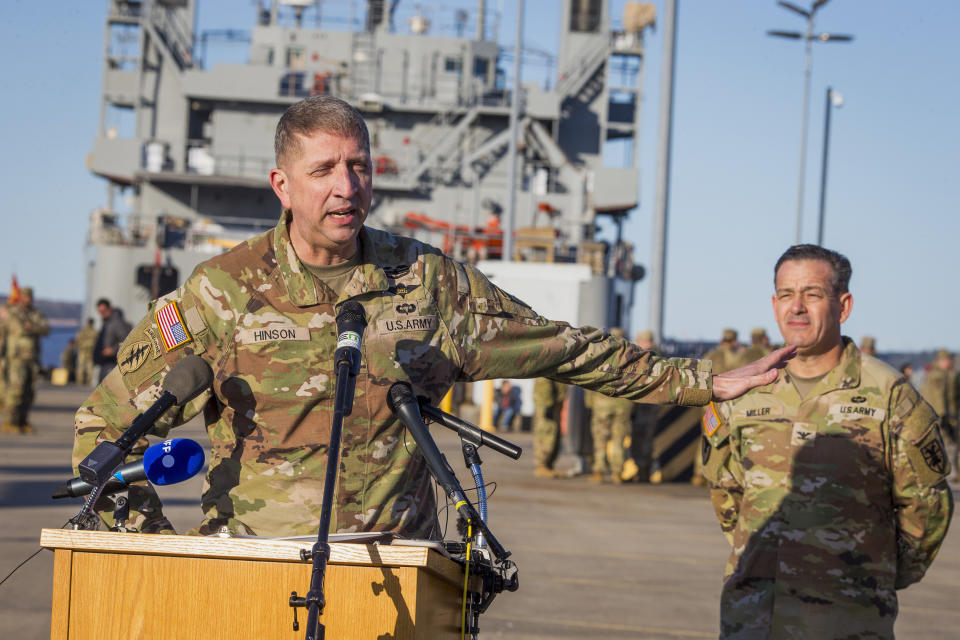 BG John "Brad" Hinson, commander of 3rd Expedition Sustainment Command and Assistant Commanding General (Supply) of XVIII Airborne Corps, speaks during a press conference pertaining to four army watercraft deploying to Gaza for delivery of humanitarian aid on Tuesday, March 12, 2024, at Joint Base Langley-Eustis in Hampton, Va. (AP Photo/John C. Clark)