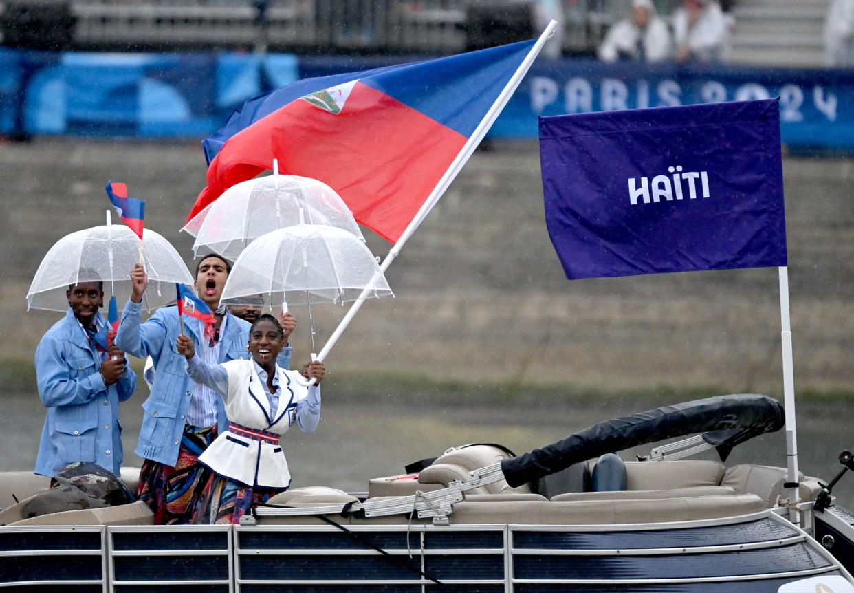 Team Haiti, led by flagbearers Lynnzee Brown and Philippe Abel Metellus. / Credit: Stephen McCarthy / Sportsfile via Getty Images