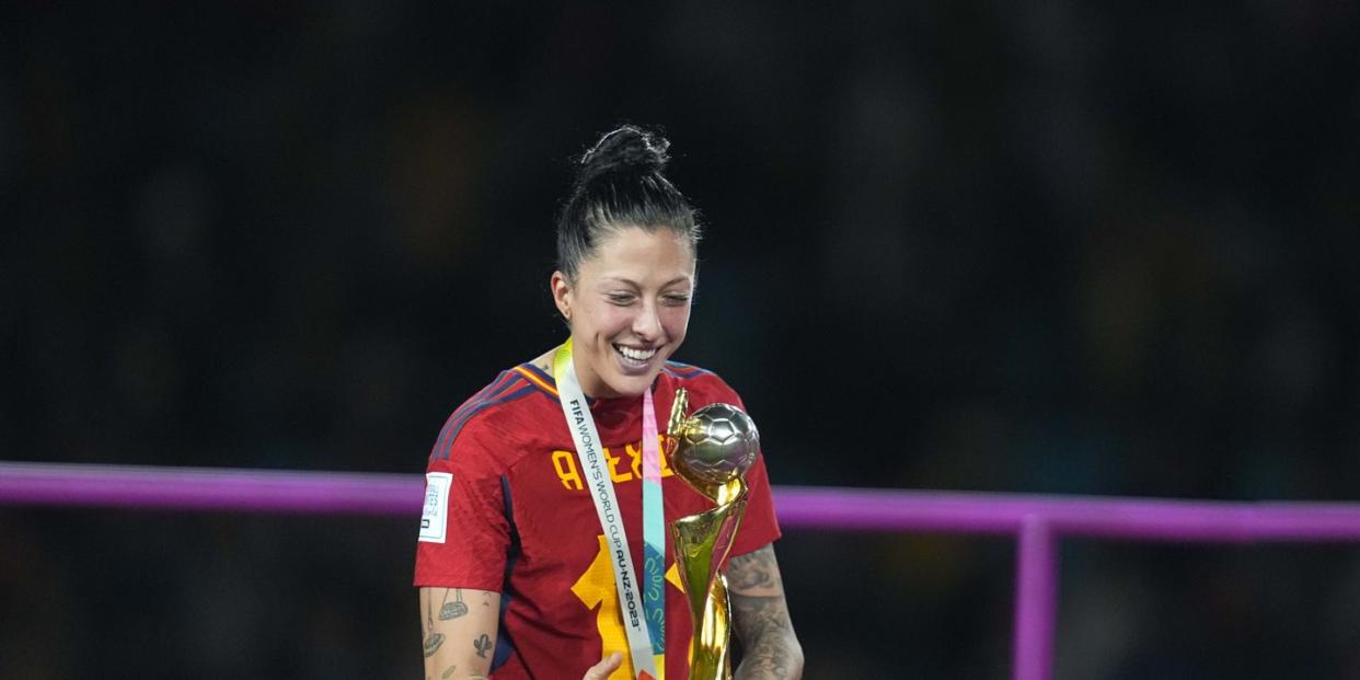 spanish football player jennifer hermoso with the women's world cup trophy 2023