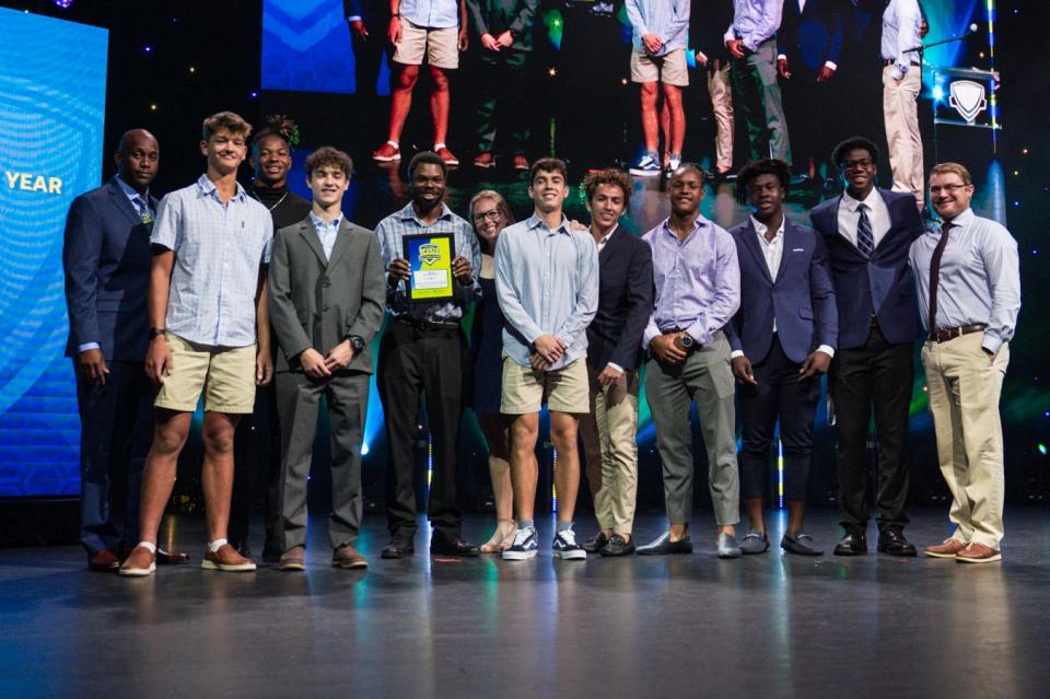 The 2022 Team of the Year, the Benjamin School's Boys Track and Field, poses for a picture during the Palm Beach Post High School Sports Awards ceremony at the Kravis Center in West Palm Beach, FL., on Wednesday, June 1, 2022.