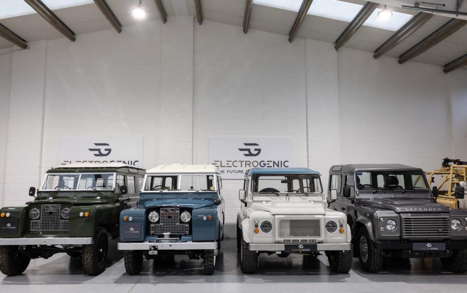 Electric Land Rover Defenders in Electrogenic's workshop in Oxfordshire