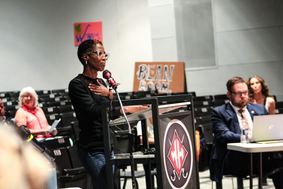 Taylors resident Stephania Priester addresses South Carolina's Public Service Commission on April 8, 2024 in Greenville, S.C. Priester joined Upstate residents who were protesting a potential 19.4% rate increase in their electricity bills from Duke Energy Carolinas.