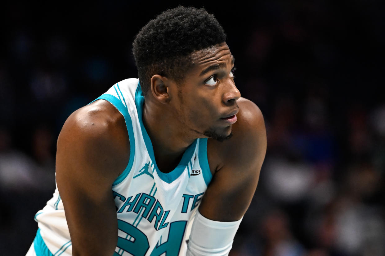 CHARLOTTE, NORTH CAROLINA - OCTOBER 15: Brandon Miller #24 of the Charlotte Hornets looks on during the first half of his game against the Oklahoma City Thunder at Spectrum Center on October 15, 2023 in Charlotte, North Carolina. NOTE TO USER: User expressly acknowledges and agrees that, by downloading and or using this photograph, User is consenting to the terms and conditions of the Getty Images License Agreement.  (Photo by Matt Kelley/Getty Images)